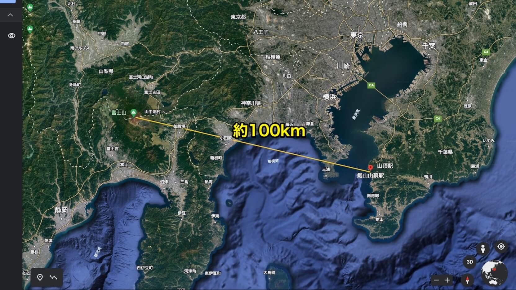 富士山ー鋸山間の位置関係と距離の地図